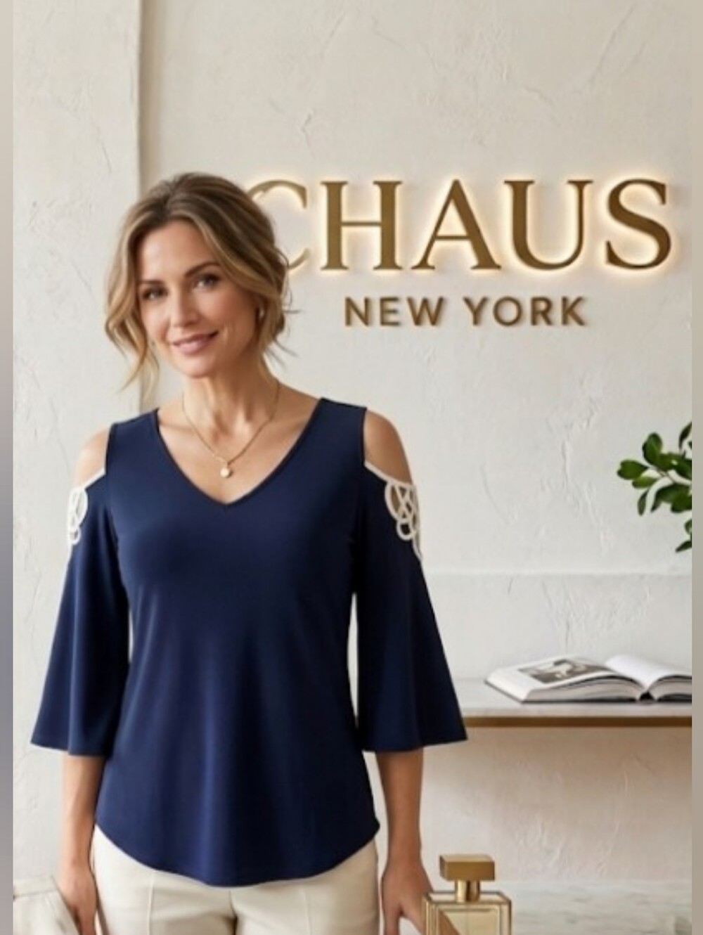 Chaus New York Navy Cold Shoulder Bell Sleeve Top